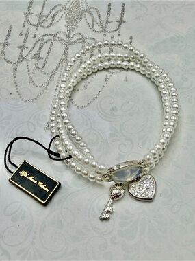 Pearl Multi-Strand Charm Bracelet with Key and Heart Charms FAC